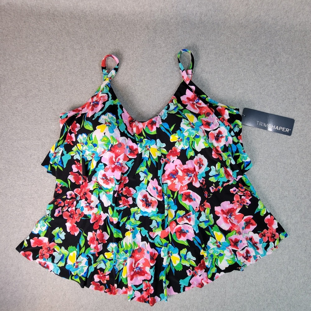 NWT TrimShaper Black Floral Layered Ronnie Swim Top Tankini - Women's Size 18W